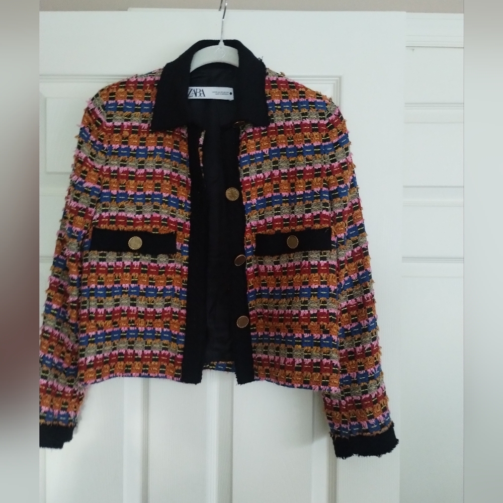 Zara  Rainbow Tweed Cropped Blazer with Gold Tone Buttons XS - Picture 3 of 6